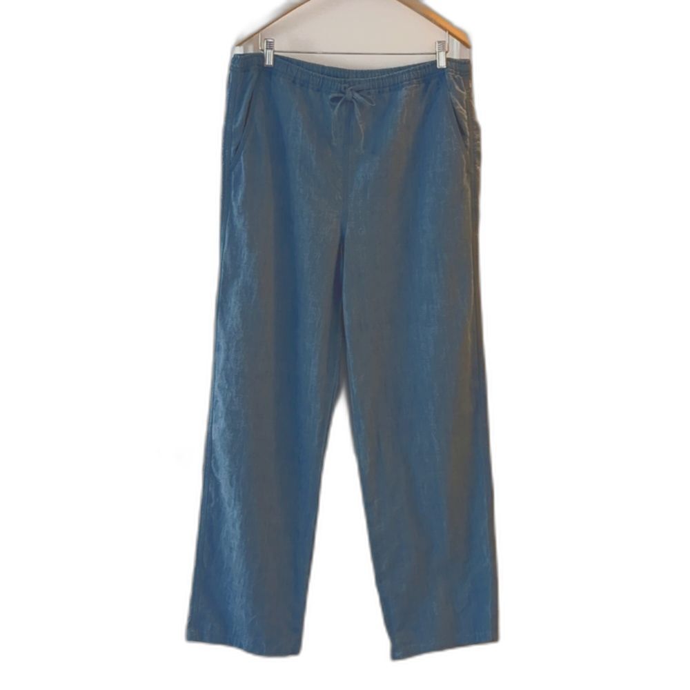 Jones NY Chambray M Pant Blue Heavy Linen Wide Leg Relaxed Drawstring MED